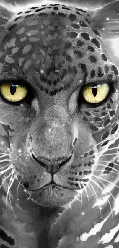 Mystical leopard artwork with cosmic elements and vivid eyes.