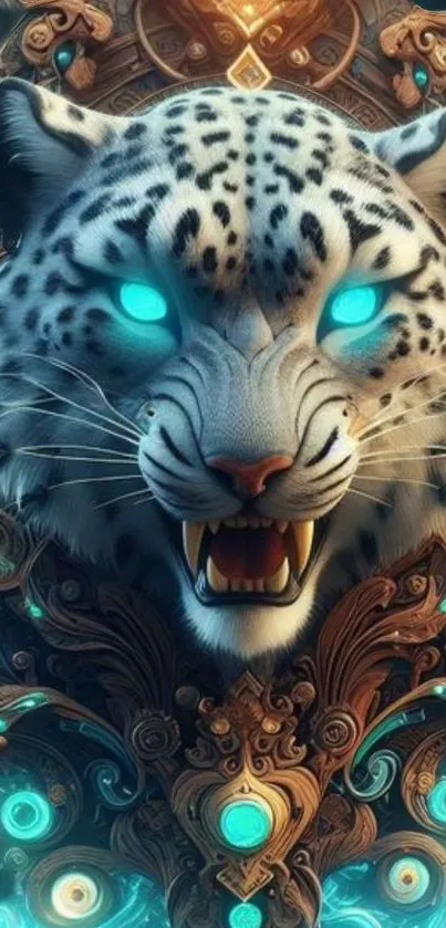 Mystical leopard digital art with teal glow and ornate details.