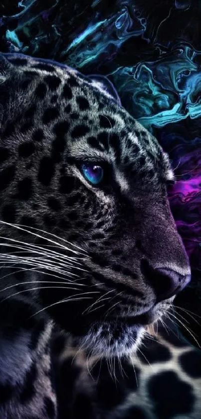 Mystical leopard with neon blue accents on dark background.