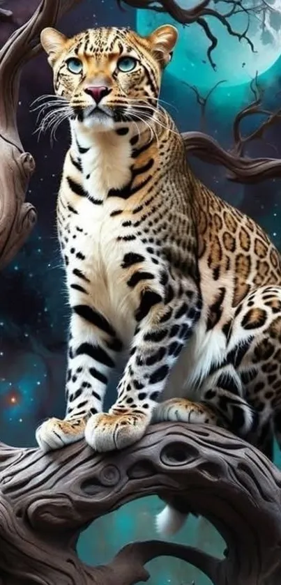 Leopard perched on branches with a cosmic background.