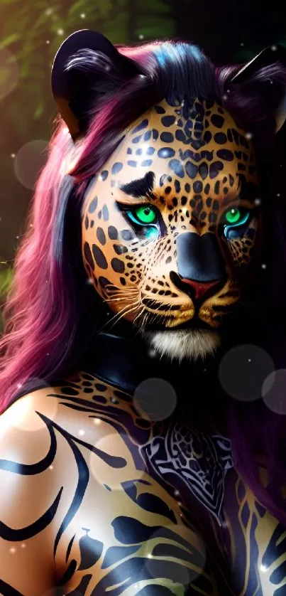 Leopard woman with vibrant eyes and body art in a mystical digital art wallpaper.