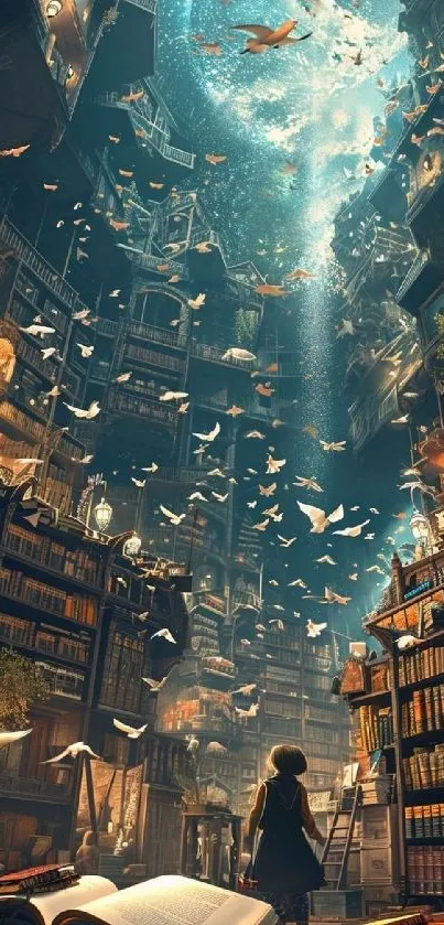 Surreal fantasy library with floating books and celestial sky.