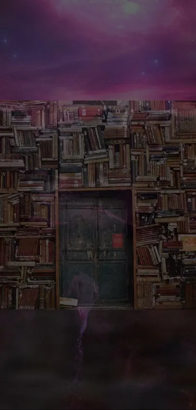 Mystical library wall with door under a purple cosmic sky.