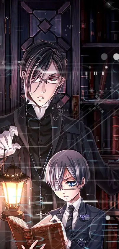 Two anime characters in a dark library setting holding a glowing book.