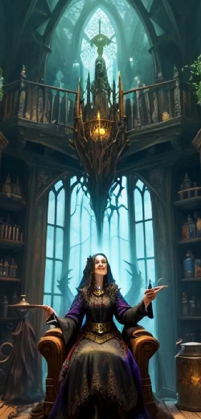 Enchanted library with spellbound woman in a mystical setting.