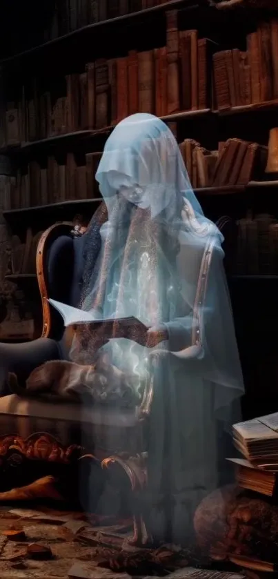 Ghostly figure reading in a vintage library.