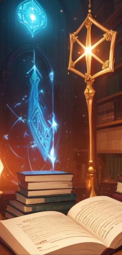 Mystical library scene with floating illuminated books.