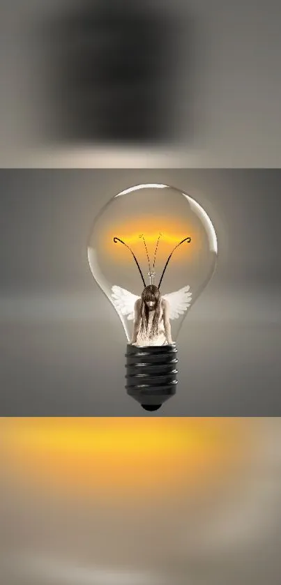 Enchanted fairy within a glowing light bulb, set against a gray background.