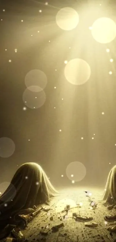 Mystical light shines on draped figures in abstract mobile wallpaper.