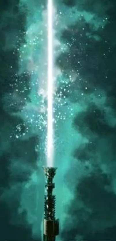 Mystical teal lightsaber with a glowing white beam, cosmic background.