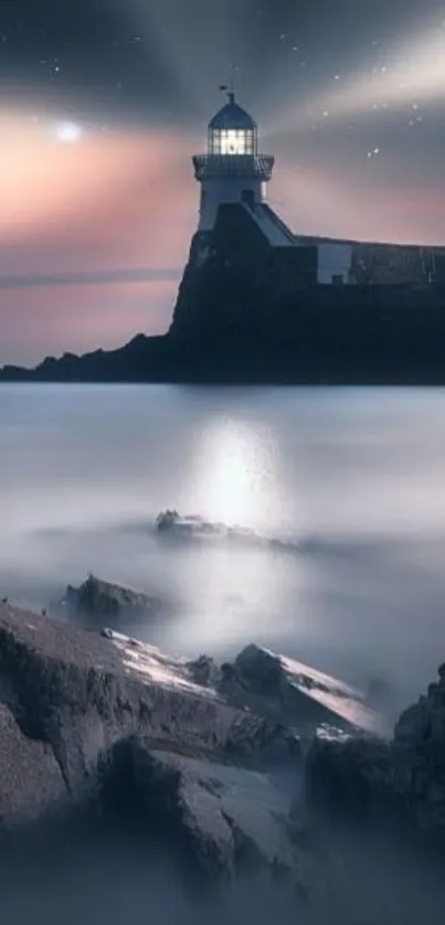 Serene lighthouse at night with ocean view.