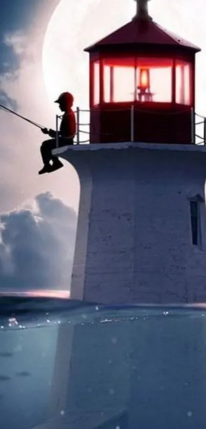 Fisherman on a lighthouse under a full moon.