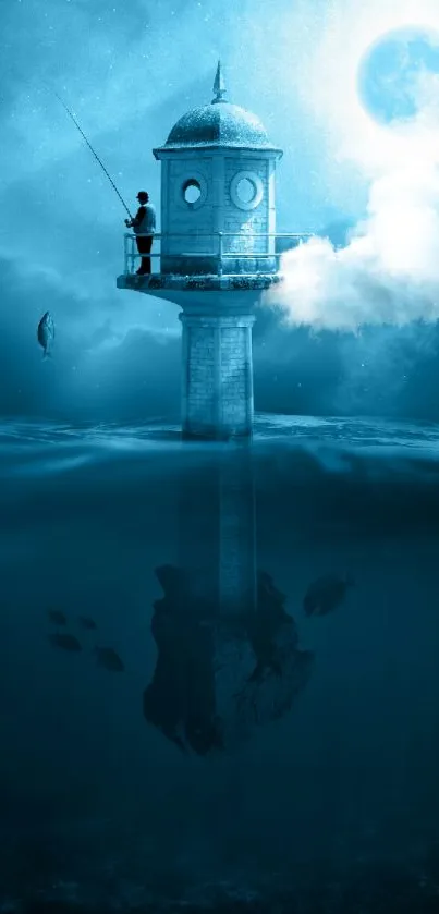 Lighthouse with fisherman under a blue moonlit sky, creating a mystical atmosphere.