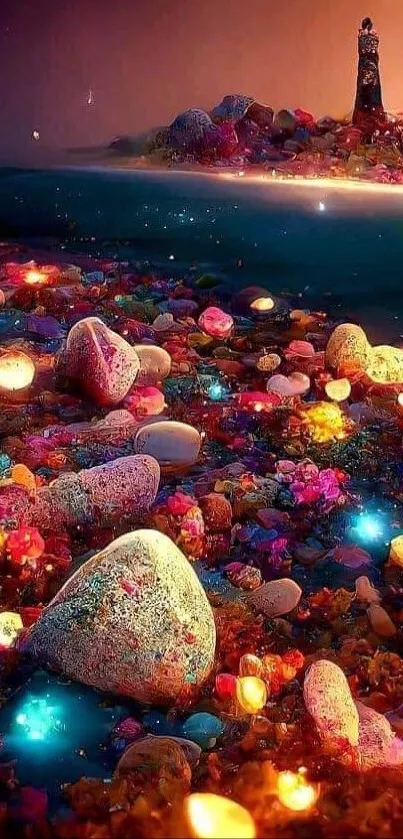 Mysterious nightscape with glowing pebbles and lighthouse.