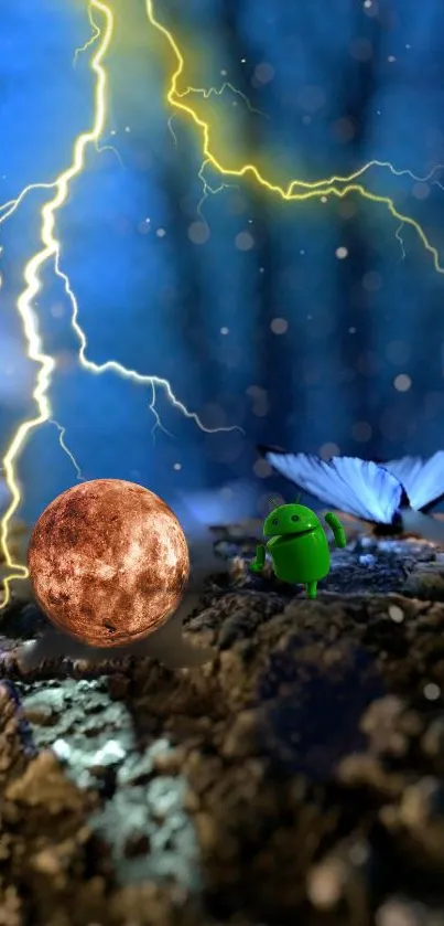 Fantasy wallpaper with lightning, moon, Android mascot, and butterflies in a dark forest.