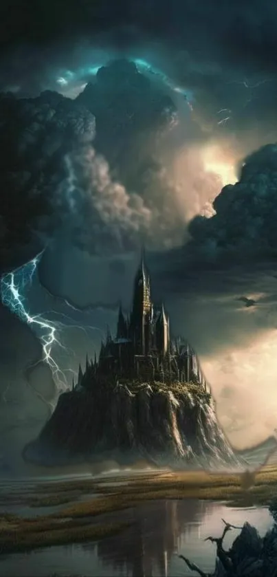 Mystical castle with lightning and dark clouds.