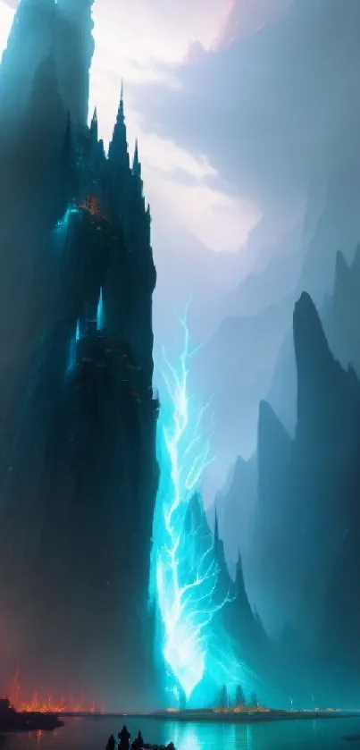 Mystical landscape with cliffs and lightning in dramatic art style.