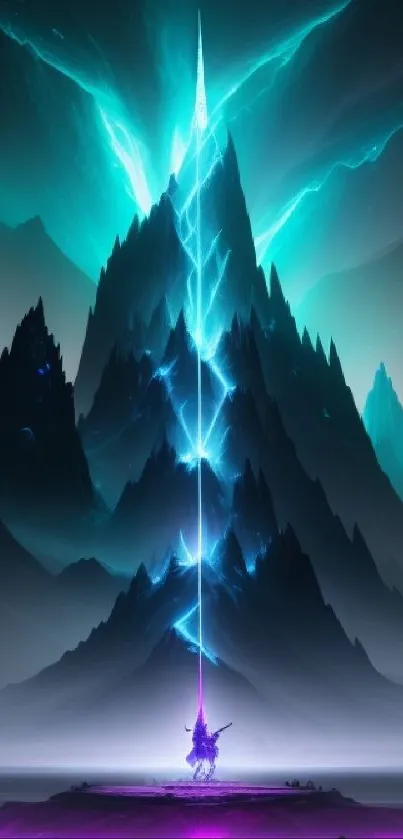 Surreal mountain with neon lightning in fantasy art wallpaper.