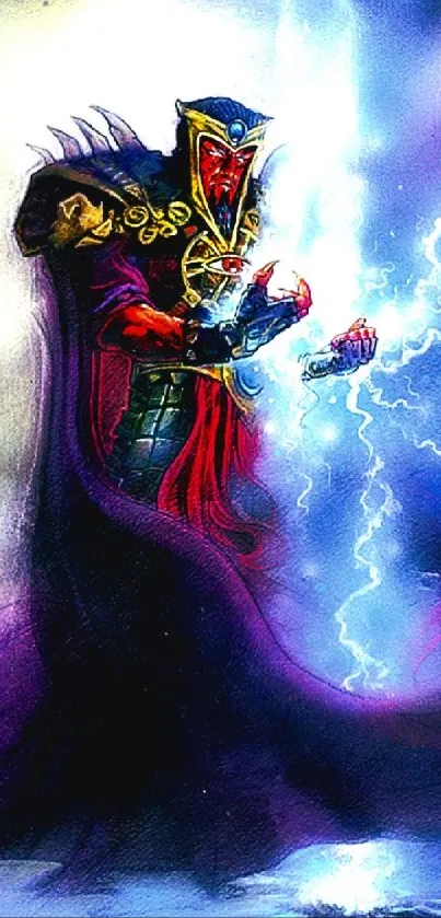 Wizard conjuring lightning in mystical artwork.