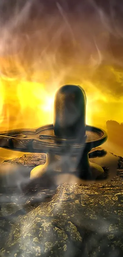 Mystical Lingam in golden mist with ethereal background.