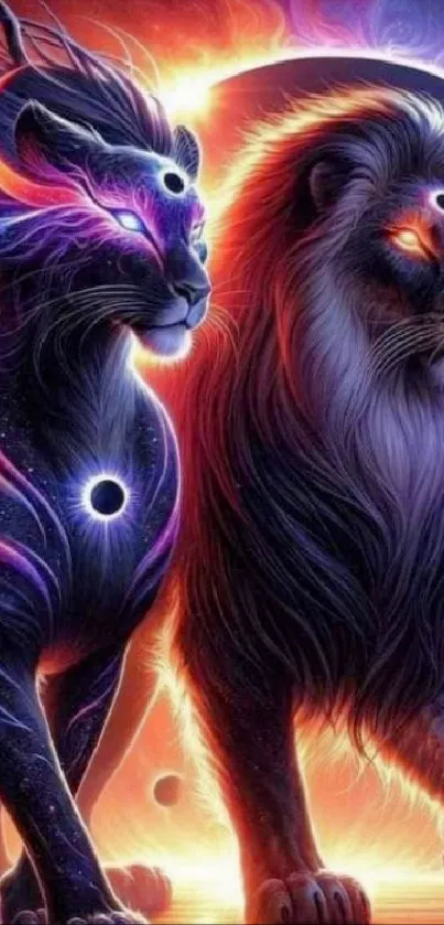 Mystical cosmic lion and panther in vibrant colors.