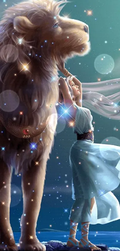 Majestic lion under a starry night sky with mystical elements featured.