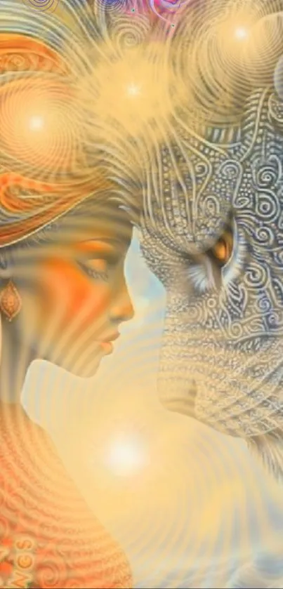 Surreal art depicting a woman and a lion with glowing and swirling patterns.