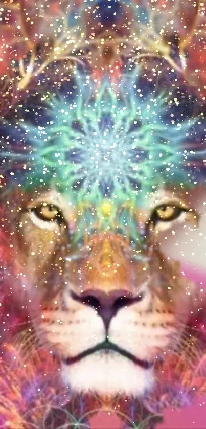 A mystical lion with cosmic colors and patterns for mobile wallpaper.