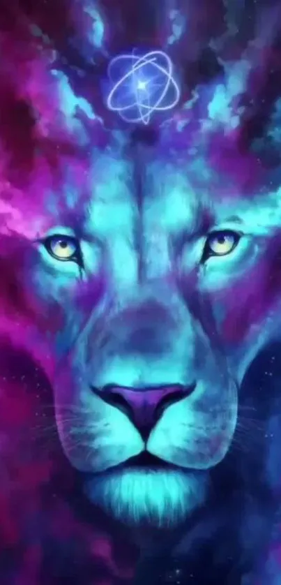 Mystical neon lion with cosmic background features vibrant colors.