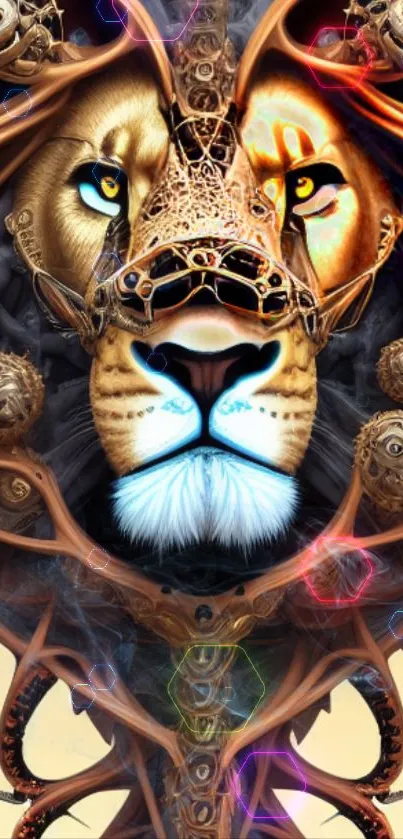 Surreal lion artwork with vibrant colors and intricate designs.