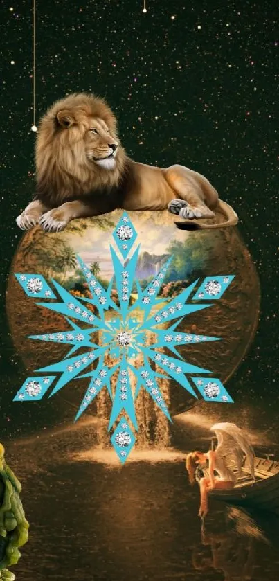 Majestic lion atop a mystical globe with cosmic elements in fantasy art.