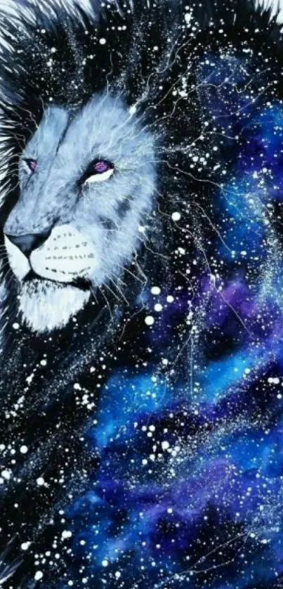 Mystical lion art with galaxy themes in blue and purple hues.