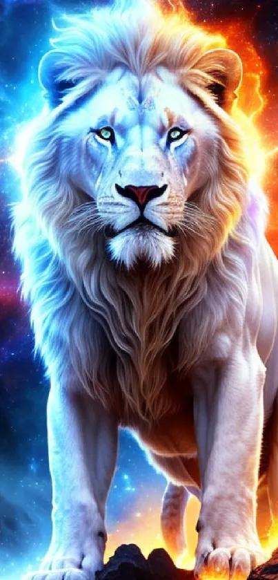 White lion against a cosmic galaxy backdrop with vibrant colors.