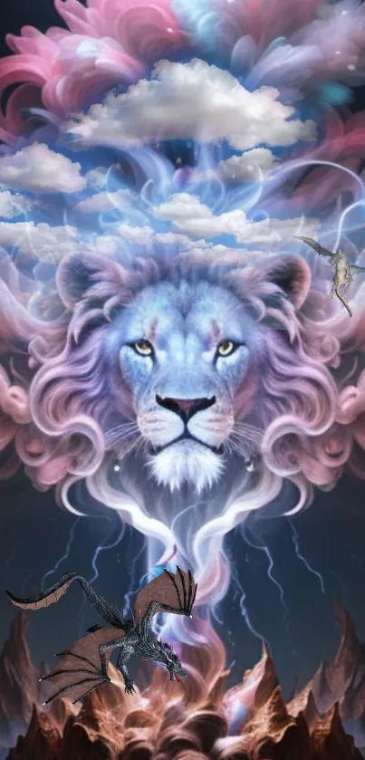 Fantasy wallpaper of a lion with clouds and dragons in a cosmic theme.