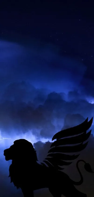 Winged lion silhouette against lightning-lit night sky wallpaper.