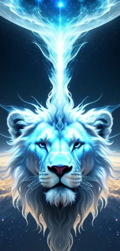 Blue mystical lion with cosmic elements in digital art wallpaper.