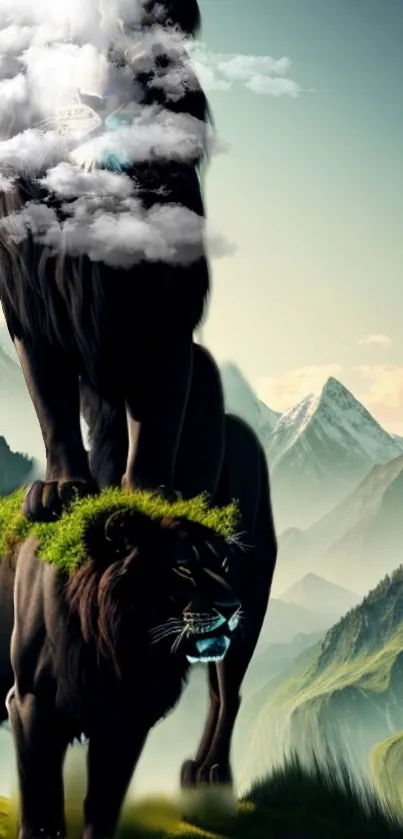 Black lions stand majestically atop green mountains with a fantasy landscape.