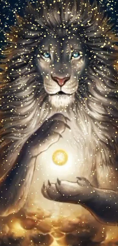 Mystical lion with glowing orb in starry background.