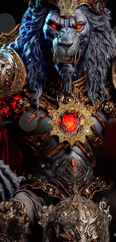 Lion warrior with red glowing heart in intricate armor.