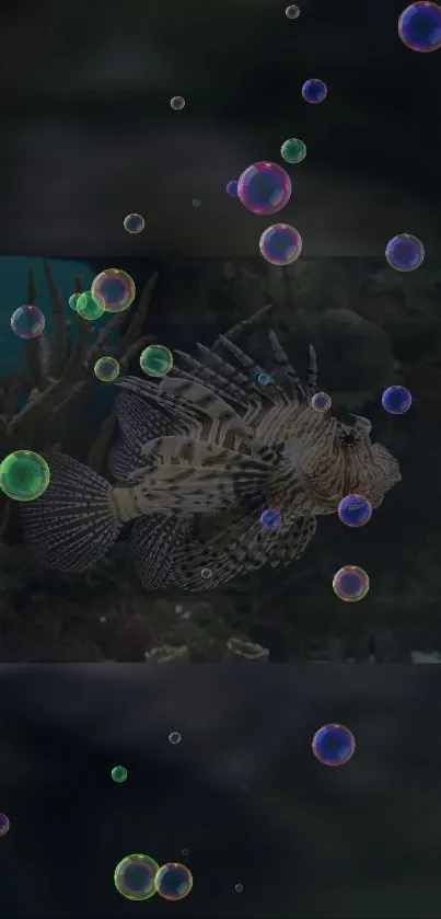 Lionfish surrounded by colorful bubbles in a dark aquatic setting.