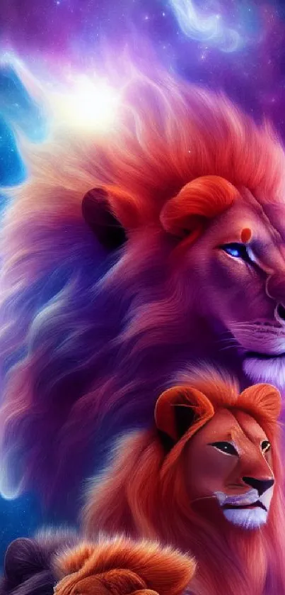 Vibrant lion galaxy wallpaper with colorful mystical art.