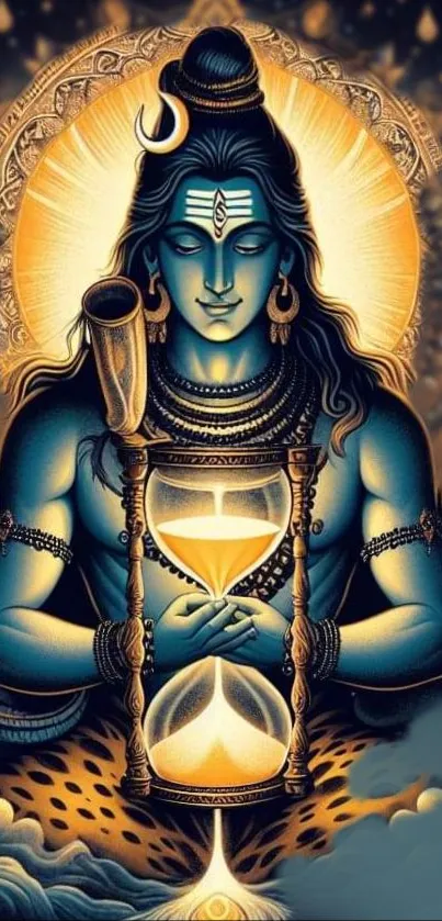 Artistic depiction of Lord Shiva with an hourglass, radiating spiritual energy.