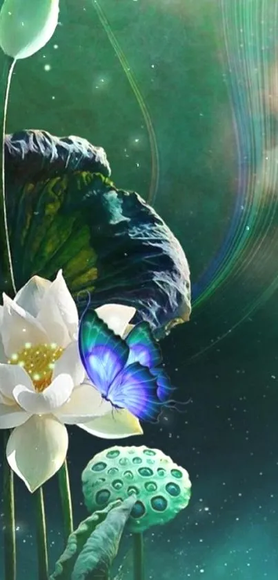 Mystical lotus with butterfly in cosmic backdrop.