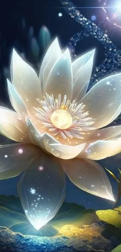 Mystical lotus flower glowing in serene moonlight.