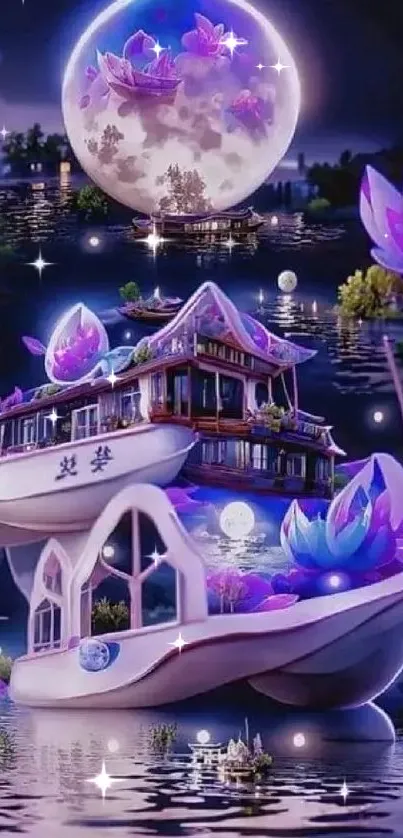 Fantasy wallpaper of a lotus boat under moonlight.