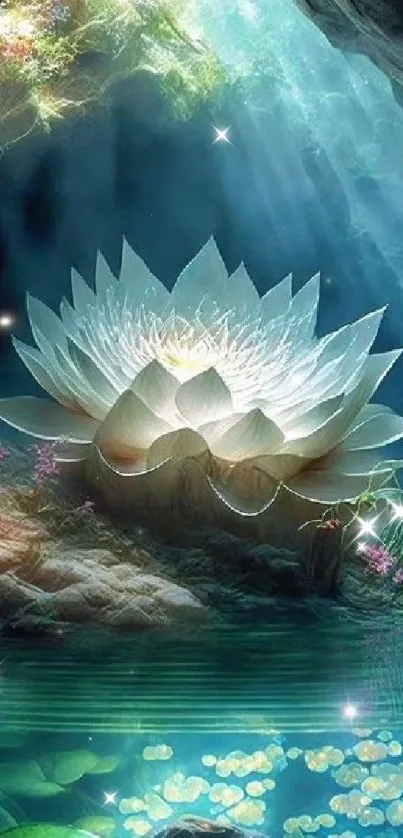 Mystical lotus in illuminated cave with turquoise water.