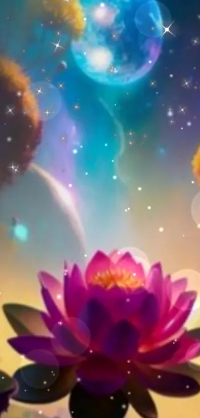 Mystical scene with vibrant lotus and cosmic sky wallpaper.