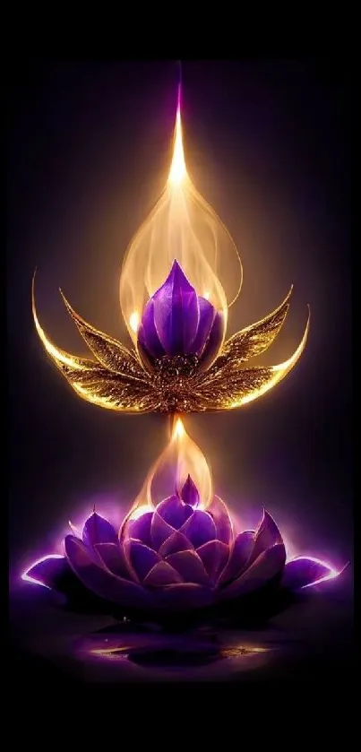 Mystical lotus with purple and gold flame on dark background.