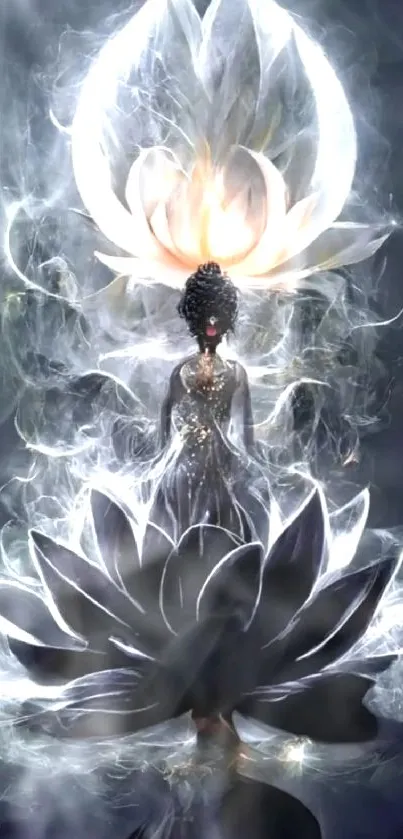 Mystical figure standing within a blossoming lotus bloom on a dark, ethereal backdrop.