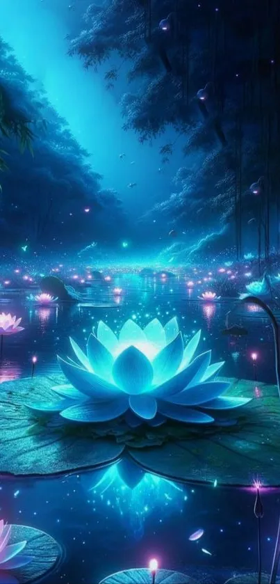 Blue glowing lotus flowers on a serene pond at night.